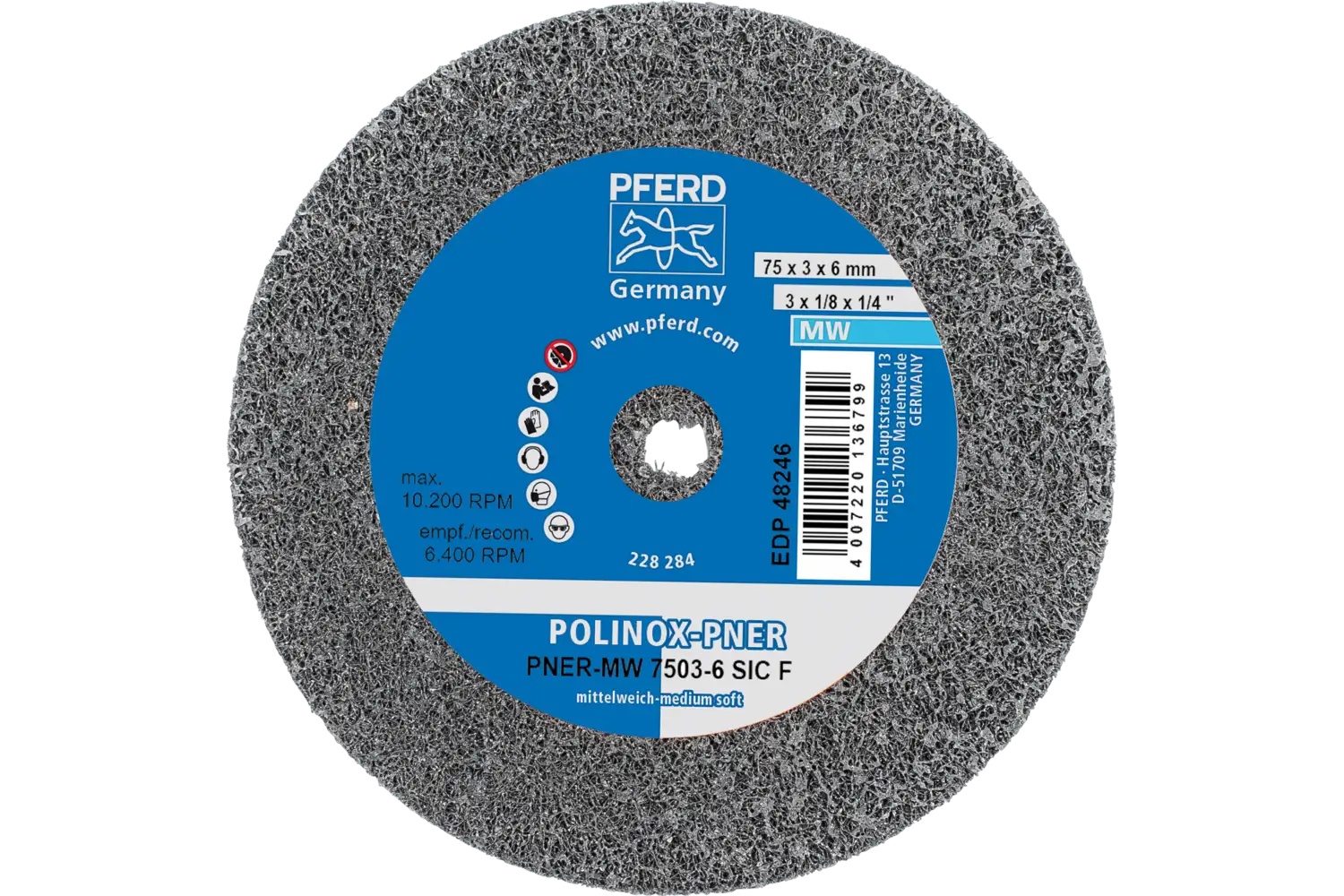 Picture of Pferd Polinox® Unitized Wheel, 3" X 1/8 X 1/4, Fine, Medium-Soft, 3Sf, Silicon Carbide